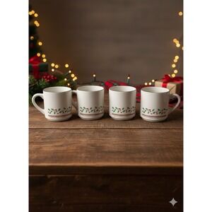 1987 Arby's Christmas Mug Set of 4 Holly Berries Vintage Christmas Mugs Cups